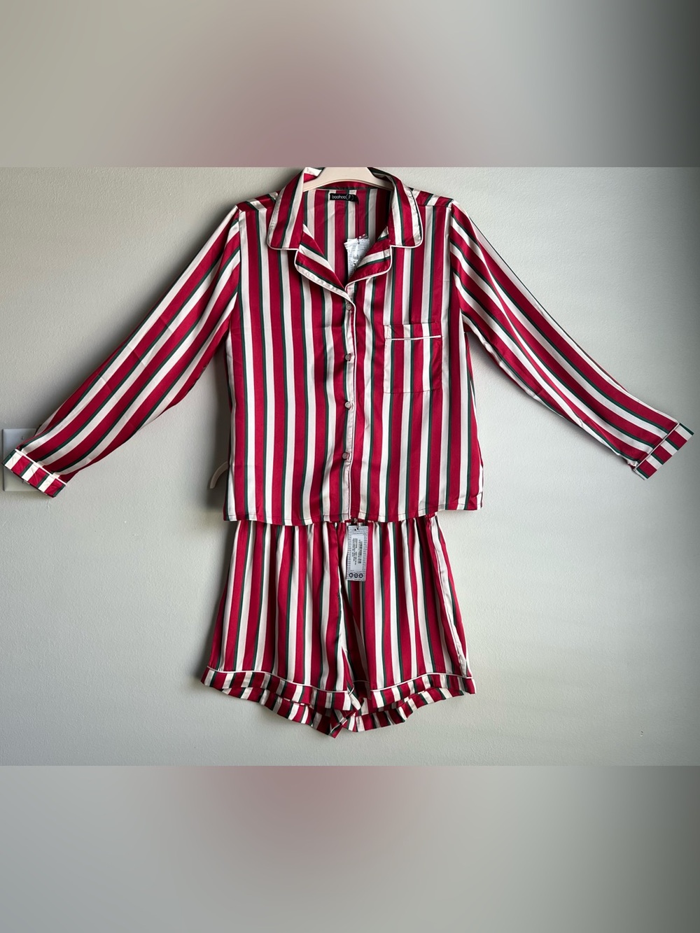 Boohoo Red, White & Green Striped Short Pajama Set